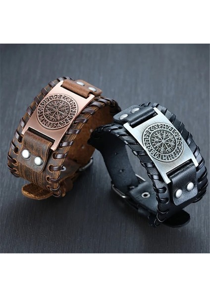 NO.83985 Beden Zorcvens Punk Vintage Pusula Bilezik Nordic Runes Odin Sembolü Wrap Hakiki Deri Erkekler Için Viking Bilezik (Yurt Dışından) modelleri