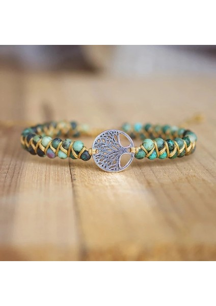 A El Yapımı Doğal Taş Boho Yoga Wrap Bilezik ve Bileklik Hayat Ağacı Afrika Japser Örgülü Charm Bilezik Kadın Erkek Hediye (Yurt Dışından)