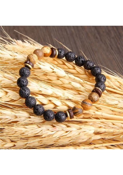 23CM Tarzı Gül Altın Rengi Clatretch Bilezikler Erkekler Doğal Siyah Volkanik Taş Boncuk Bileklik Budizm Ahşap Charm Bilezikler Kadınlar Için Mineral Takı (Yurt Dışından) modelleri