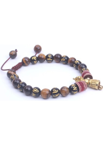 Elastik Ip Tiger Eyes Stone Om Mani Padme Hum Boncuk ile Strand Bilezik Erkekler & Kadınlar Için Tibet Budist Ghanta Takı Şanslı Mala Bilezik (Yurt Dışından)