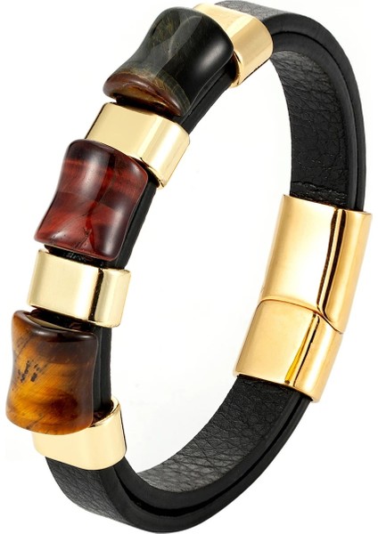 23CM Tarzı BR11538-2 Charm Doğal Kaplan Gözü Taş Bilezik Erkekler Için Geometrik Şekil Doğal Taş Siyah Örgülü Deri Bilezikler Hediyeler Bijoux Homme (Yurt Dışından)