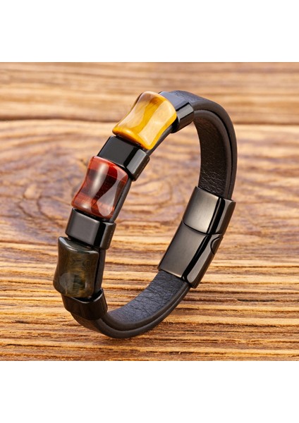 23CM Tarzı BR11538-2 Charm Doğal Kaplan Gözü Taş Bilezik Erkekler Için Geometrik Şekil Doğal Taş Siyah Örgülü Deri Bilezikler Hediyeler Bijoux Homme (Yurt Dışından) modelleri