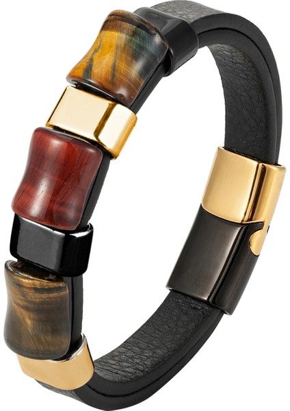 21CM Tarzı BR11538-1 Charm Doğal Kaplan Gözü Taş Bilezik Erkekler Için Geometrik Şekil Doğal Taş Siyah Örgülü Deri Bilezikler Hediyeler Bijoux Homme (Yurt Dışından)