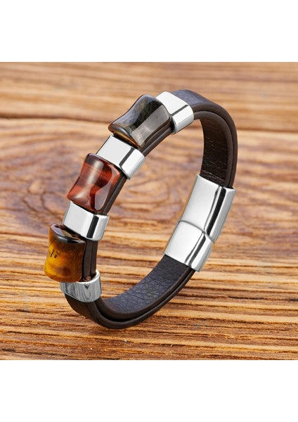 21CM Tarzı BR11538-1 Charm Doğal Kaplan Gözü Taş Bilezik Erkekler Için Geometrik Şekil Doğal Taş Siyah Örgülü Deri Bilezikler Hediyeler Bijoux Homme (Yurt Dışından) fırsatları