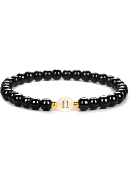 19CM Tarzı C 26 Harfli Bilezikler Siyah Oniks Agat Boncuk Bileklik Çiftler Elastik Takı Severler Hediye Isim Charm Bilezik Kadın Erkek Браслет (Yurt Dışından) modelleri