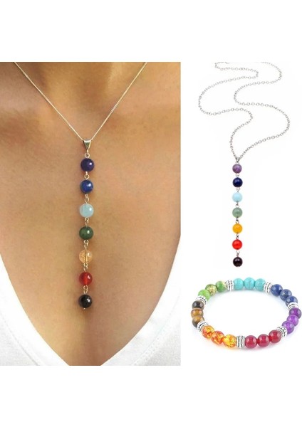 Bir Set 7 Çakra Mücevher Taş Boncuk Kolye Kolye Kadın Yoga Şifa Dengeleme Maxi Çakra Gerdanlık Bilezik Bijoux Femme Takı Seti (Yurt Dışından)
