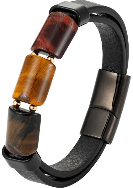 19CM Tarzı BR1540-4 Yüksek Li Doğal Kaplan Gözü Taş Çakra Takı Çekicilik Paslanmaz Çelik Erkek Hakiki Deri Bileklik Doğal Taş Bileklik (Yurt Dışından)