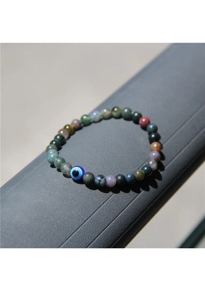 19CM Tarzı Hint Akik Doğal Siyah Obsidyen Yuvarlak Boncuk Çift Bilezikler Moda Mavi Nazar Kadın Erkek Için Streç Bilezik Yüksek Li Takı (Yurt Dışından)