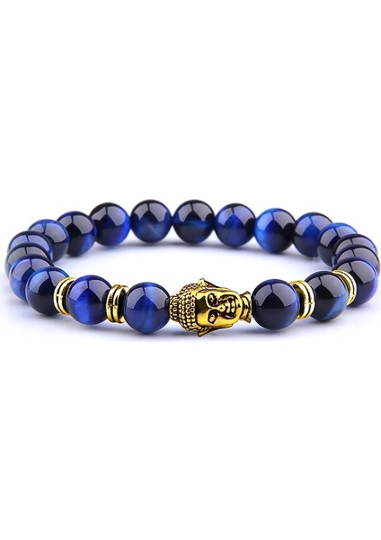 17CM Tarzı Lapis Mavi Kaplan-1 8 mm Kraliyet Mavi Kaplan Gözü Bilezik Erkekler Gümüş Renk Buda Başkanı Charm Bilezik Kadın Muska Vinatge Sarı Taş Boncuk Pulsera (Yurt Dışından)