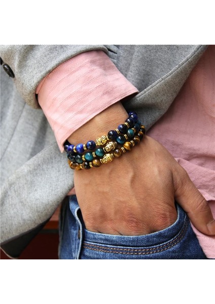 17CM Tarzı Lapis Mavi Kaplan-1 8 mm Kraliyet Mavi Kaplan Gözü Bilezik Erkekler Gümüş Renk Buda Başkanı Charm Bilezik Kadın Muska Vinatge Sarı Taş Boncuk Pulsera (Yurt Dışından)