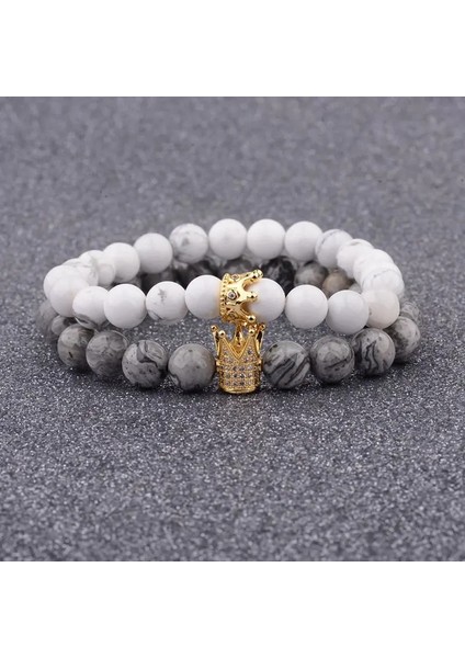 Altın Charm Cz Crown King Boncuk Çift Bilezikler El Yapımı Mesafe Siyah Mat Lav ve Aşıklar Sevgililer Günü Için Beyaz Taş Bilezik (Yurt Dışından)