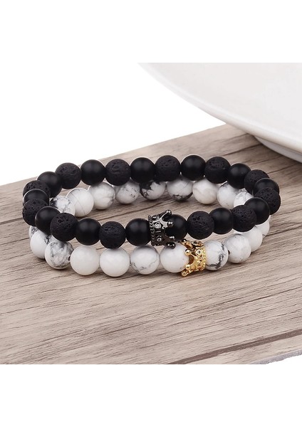 Altın Charm Cz Crown King Boncuk Çift Bilezikler El Yapımı Mesafe Siyah Mat Lav ve Aşıklar Sevgililer Günü Için Beyaz Taş Bilezik (Yurt Dışından) modelleri