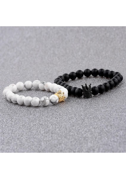 Altın Charm Cz Crown King Boncuk Çift Bilezikler El Yapımı Mesafe Siyah Mat Lav ve Aşıklar Sevgililer Günü Için Beyaz Taş Bilezik (Yurt Dışından) indirimleri