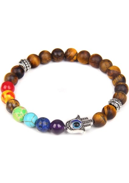 21CM Tarzı Mat Kaplan Gözü Doğal Gül Kuvars Bilezik Hamsa El Fatima 7 Çakra Bilezikler Kadın Erkek Nazar Emaye Etnik El Yapımı Takı (Yurt Dışından)