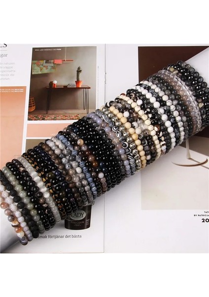 21CM Tarzı 32.beyaz Fosil 6 mm Beyaz Siyah Boncuk Bilezikler Doğal Taş Kadın Erkek Jades Agates Strand Boncuk Streç Elastik Halat Bilezik Reiki Takı (Yurt Dışından) modelleri