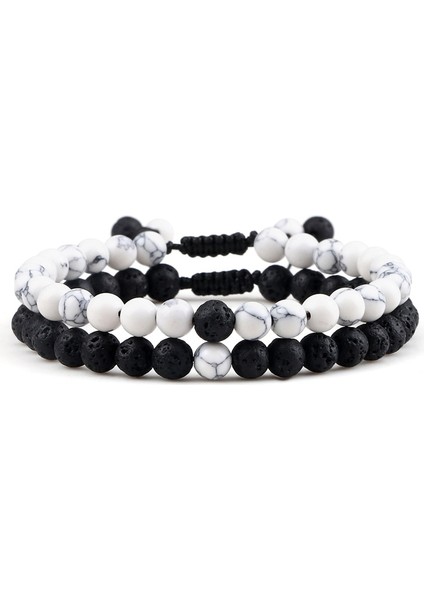 Lav-Beyaz Çift Clamm Için Ayarlanabilir Et Boncuk Bilezikler Doğal Siyah Beyaz Taş Örgülü Mesafe Bilezik Erkekler Kadınlar Takı (Yurt Dışından)