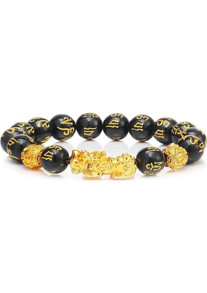 17CM Tarzı B Pixiu Feng Shui Siyah Obsidyen Servet Bilezik Pixiu Erkekler Için Bilezikler El Oymaları Kadınlar Için Mantra Bantları Elastik Bilezikler (Yurt Dışından)