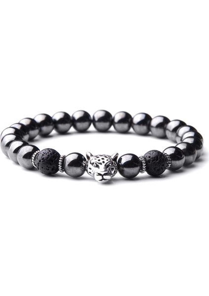 19CM Tarzı No.1 Boyutu Erkekler Bilezik Doğal Taş Hematit Lav Boncuk Bilezik Altın Gümüş Renk Leopar Kafa Inek Charm Bilezik Takı Kadın Erkek Için (Yurt Dışından)