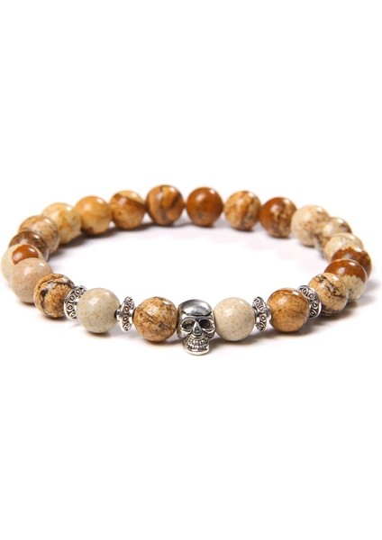 21CM Tarzı Resim Jasper Doğal Siyah Labradorit Taş Boncuk Bilezik 8mm Yuvarlak Afrika Turkuaz Vintage Kafatası Başkanı Charm Bilezik Erkekler Şanslı Takı (Yurt Dışından)