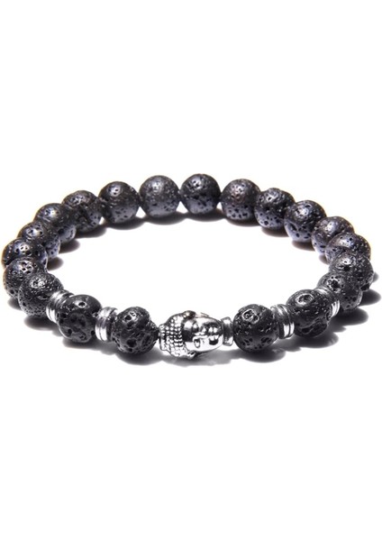 17CM Tarzı Lav Taşı2 8 mm Kraliyet Mavi Kaplan Gözü Bilezik Erkekler Gümüş Renk Buda Başkanı Charm Bilezik Kadın Muska Vinatge Sarı Taş Boncuk Pulsera (Yurt Dışından)