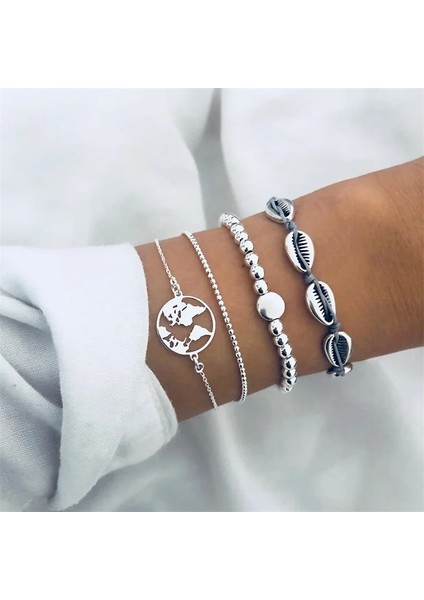 S111 Vkme Moda Gümüş Kaplama Charm Boncuk Bilezik Bayanlar Yeni Bohem Kabuk Dünya Haritası Bilezik Inci Moda Takı Bayanlar Hediye (Yurt Dışından) fiyatları