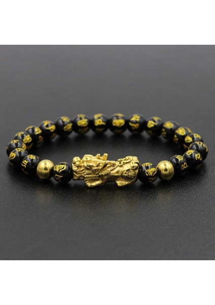 10 mm Asla Solmaz Paslanmaz Çelik Altın Pixiu Obsidyen Bilezik Feng Shui Doğal Taş Zenginlik Bilezik Charm Şanslı Muska Bilezik (Yurt Dışından)