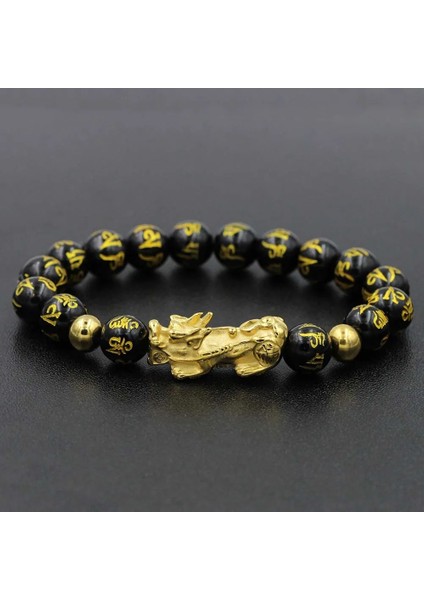 10 mm Asla Solmaz Paslanmaz Çelik Altın Pixiu Obsidyen Bilezik Feng Shui Doğal Taş Zenginlik Bilezik Charm Şanslı Muska Bilezik (Yurt Dışından)