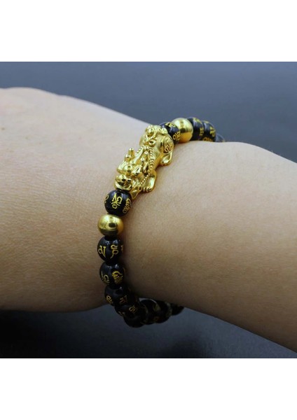 10 mm Asla Solmaz Paslanmaz Çelik Altın Pixiu Obsidyen Bilezik Feng Shui Doğal Taş Zenginlik Bilezik Charm Şanslı Muska Bilezik (Yurt Dışından)