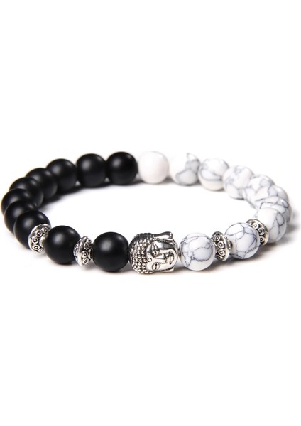 19CM Tarzı Sentetik Howlite Garnet Doğal Taş Bilezikler Kadın Erkek Mat Siyah Oniks Kaplan Gözü Kuvars Rutilated Turkuaz Buda Charm Bileklik Takı (Yurt Dışından)