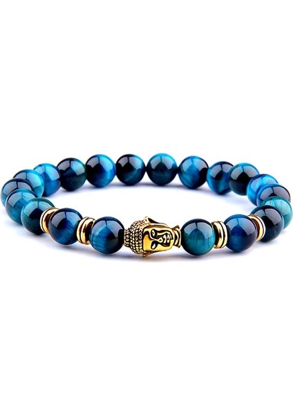 21CM Tarzı Kraliyet Mavi Kaplan-1 8 mm Kraliyet Mavi Kaplan Gözü Bilezik Erkekler Gümüş Renk Buda Başkanı Charm Bilezik Kadın Muska Vinatge Sarı Taş Boncuk Pulsera (Yurt Dışından)