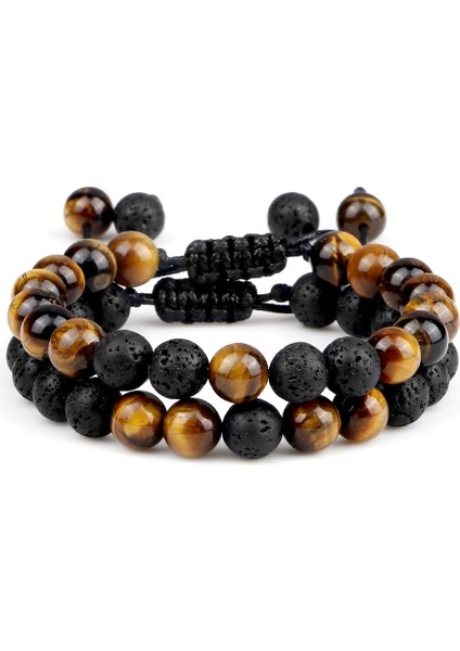 Stil 21 2 Adet Erkekler Hematit Siyah Lav Boncuklu Bilezikler 8mm Doğal Taş Kaplan Gözü Enerji Bilezikler Çift Mesafe Bileklik Arkadaş Takı (Yurt Dışından)