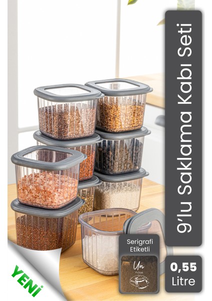 9lu 0,55 Litre Poly Kapak Çizgili Desenli Saklama Kabı Antrasit Beyaz Serigrafi Etketli