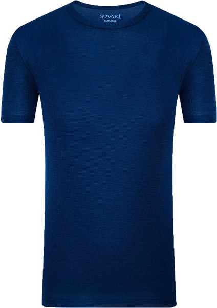 Slim Fit Waffle Desenli O Yaka Mavi Tshirt