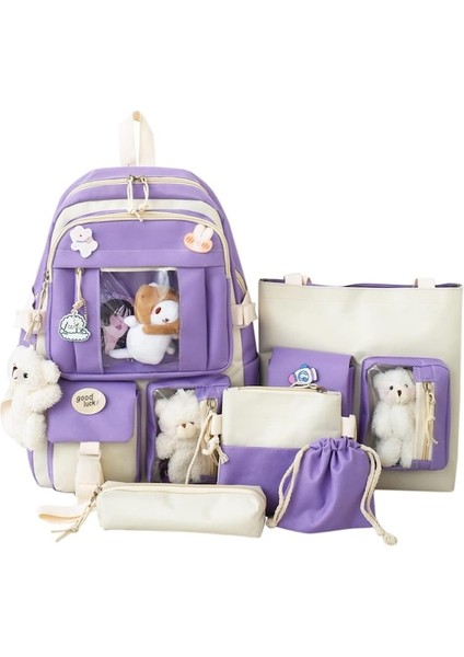 Heamor Kawaii Sırt Çantası 5 Adet Set Estetik Okul Çantaları 17IN Rozet ve Kolye Ile Sevimli Kitap Çantası, Omuz Çantası, Kalem Kutusu, Bez Çanta, Küçük Çanta - Purple (Yurt Dışından)