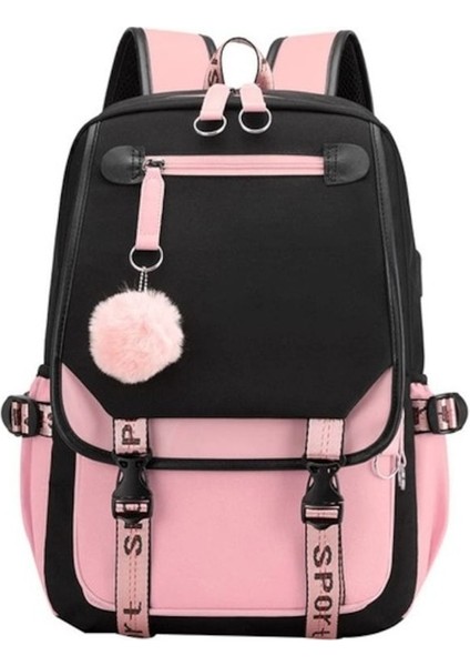 Kız Sırt Çantası USB Şarj Portlu 21L Siyah - Pembe (Yurt Dışından)