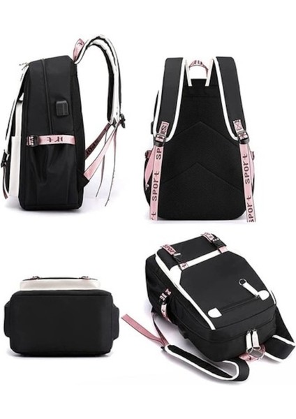 Kız Sırt Çantası USB Şarj Portlu 21L Siyah - Pembe (Yurt Dışından)
