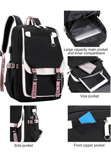 Kız Sırt Çantası USB Şarj Portlu 21L Siyah - Pembe (Yurt Dışından)