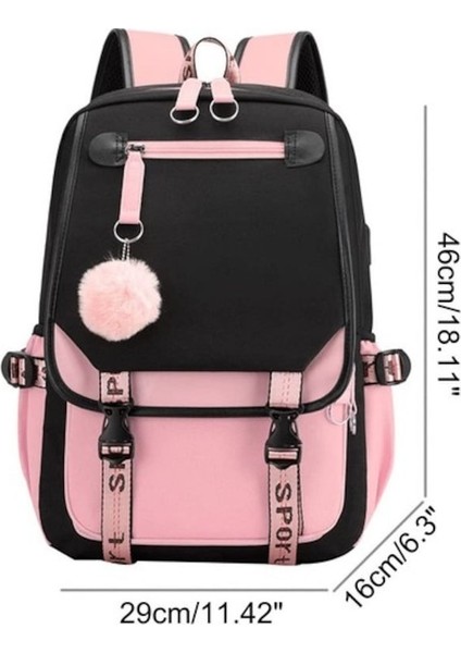 Kız Sırt Çantası USB Şarj Portlu 21L Siyah - Pembe (Yurt Dışından)