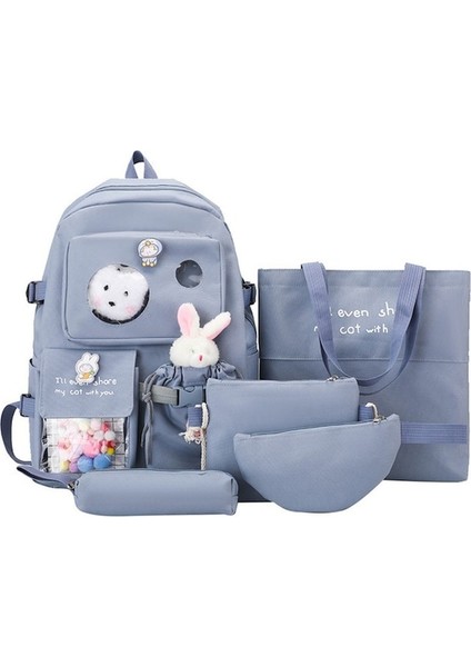 Yucama Büyük Kapasiteli Okul Çantası Seti Basit Kolej Tarzı 5 Adet - Mavi (Yurt Dışından)
