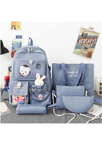 Yucama Büyük Kapasiteli Okul Çantası Seti Basit Kolej Tarzı 5 Adet - Mavi (Yurt Dışından) fiyatları