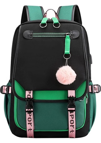 Yucama 21L Kız Sırt Çantası Ortaokul Öğrencisi Okul Çantası, USB Şarj Portlu - Beyaz Siyah - Yeşil - Siyah (Yurt Dışından)