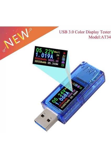 AT34 USB 3.0 Renkli LCD Voltmetre Ampermetre Gerilim Akım Ölçer Multimetre Pil Şarjı Güç Bankası USB Test Cihazı (Yurt Dışından)