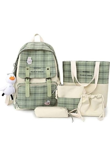 Heamor 5 Adet Tuval Okul Sırt Çantası Combo Set Kawaii Ayı Kolye Ile Sevimli Pimler Ekose Kontrol Kolu Omuz Tote Çanta Schoolbag (Yurt Dışından)
