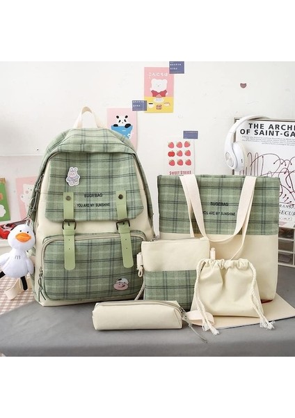 Heamor 5 Adet Tuval Okul Sırt Çantası Combo Set Kawaii Ayı Kolye Ile Sevimli Pimler Ekose Kontrol Kolu Omuz Tote Çanta Schoolbag (Yurt Dışından)