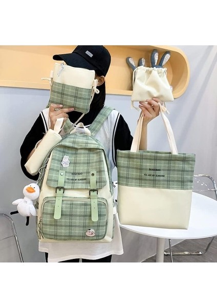 Heamor 5 Adet Tuval Okul Sırt Çantası Combo Set Kawaii Ayı Kolye Ile Sevimli Pimler Ekose Kontrol Kolu Omuz Tote Çanta Schoolbag (Yurt Dışından)