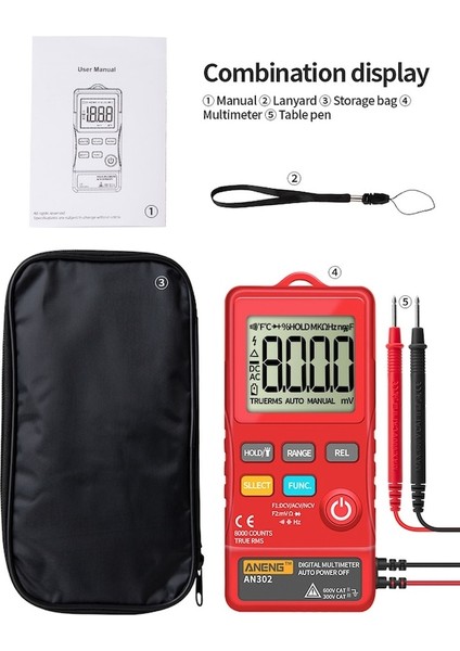 AN302 Kırmızı-Aneng AN302 Profesyonel Dijital Multimetre 7999 Ekran Dc/ac Voltmetre Test Cihazı Kapasitans Diyot Ncv Ohm Direnci Hz Testi (Yurt Dışından)