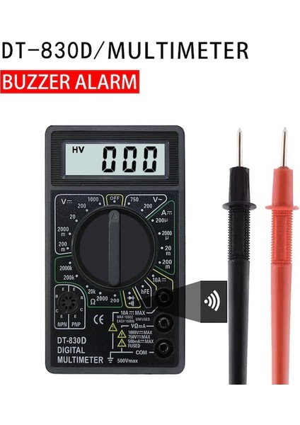 DT-830D-DT-830 Buzzerli Dijital Multimetre Kare Dalga Çıkış Gerilimi Amper Ohm Test Cihazı Prob Dc Ac LCD Aşırı Yük Koruması DT-830B (Yurt Dışından)