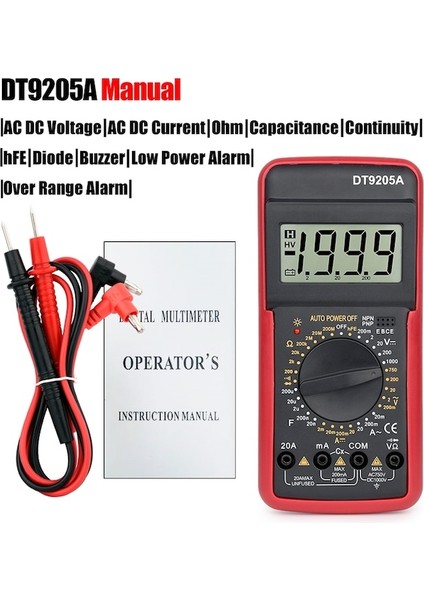 DT9205A-KIRMIZI-DT9205A Profesyonel Dijital Multimetre Test Cihazı Manuel Aralığı Gerilim Akım Ölçer Acemi Için El Otomotiv Multimetre (Yurt Dışından)