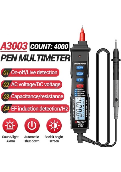 A3003 SIYAH-A3003 Dijital Multimetre Kalem Tipi Metre Temassız Ac/dc Voltaj Direnci Kapasitans Hz Test Aracı Ile 4000 Sayım (Yurt Dışından)