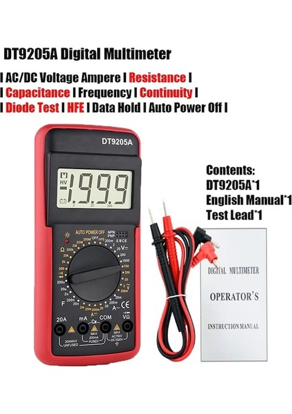 DT9205A-KIRMIZI-DT9205A Profesyonel Dijital Multimetre Manuel Aralık Voltmetre Ampermetre Hfe Transistör Testi Ohm Hz Kapasite Süreklilik Test Cihazı (Yurt Dışından)